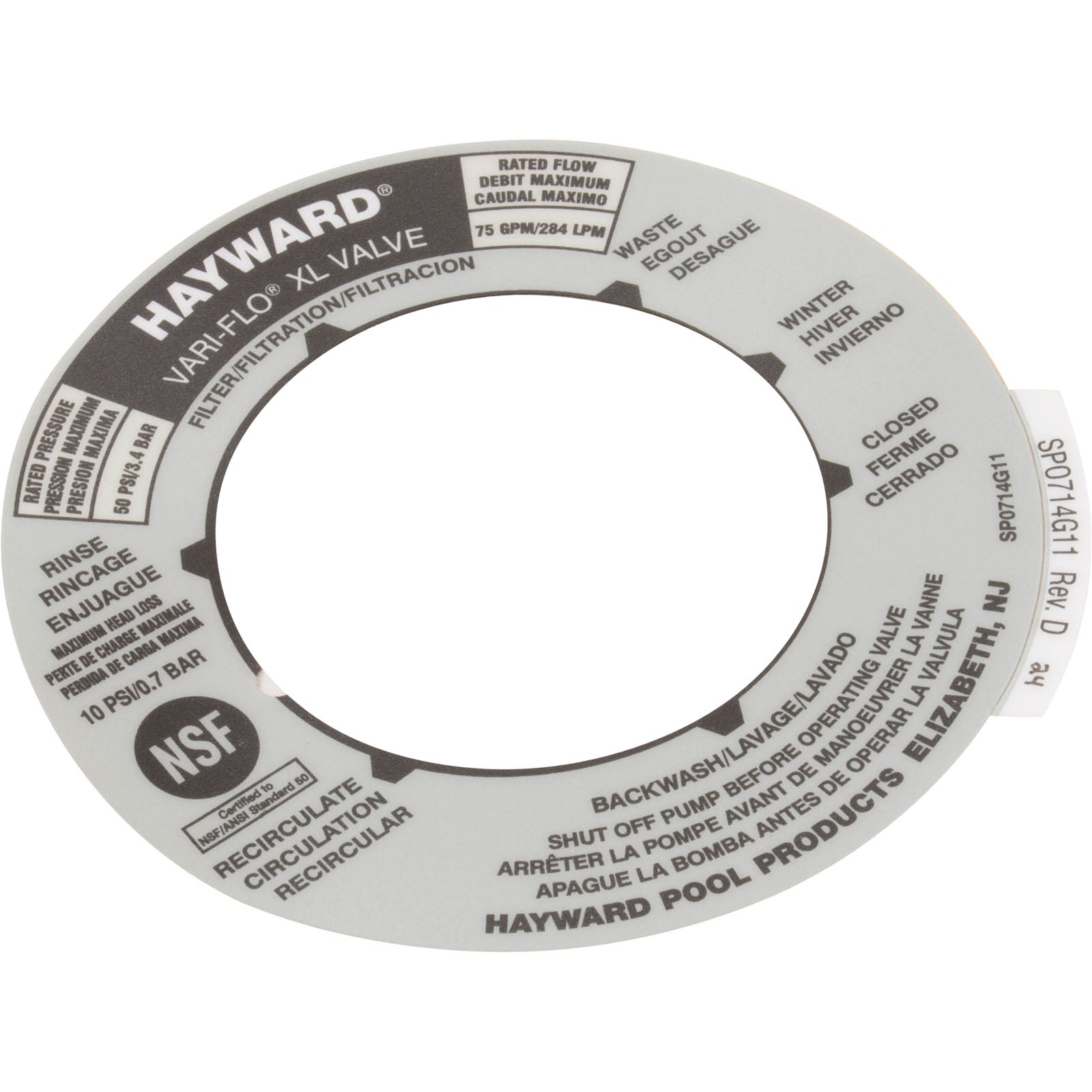 Hayward Replacement Valve Position Label for SP0714T Valve (SPX0714G)