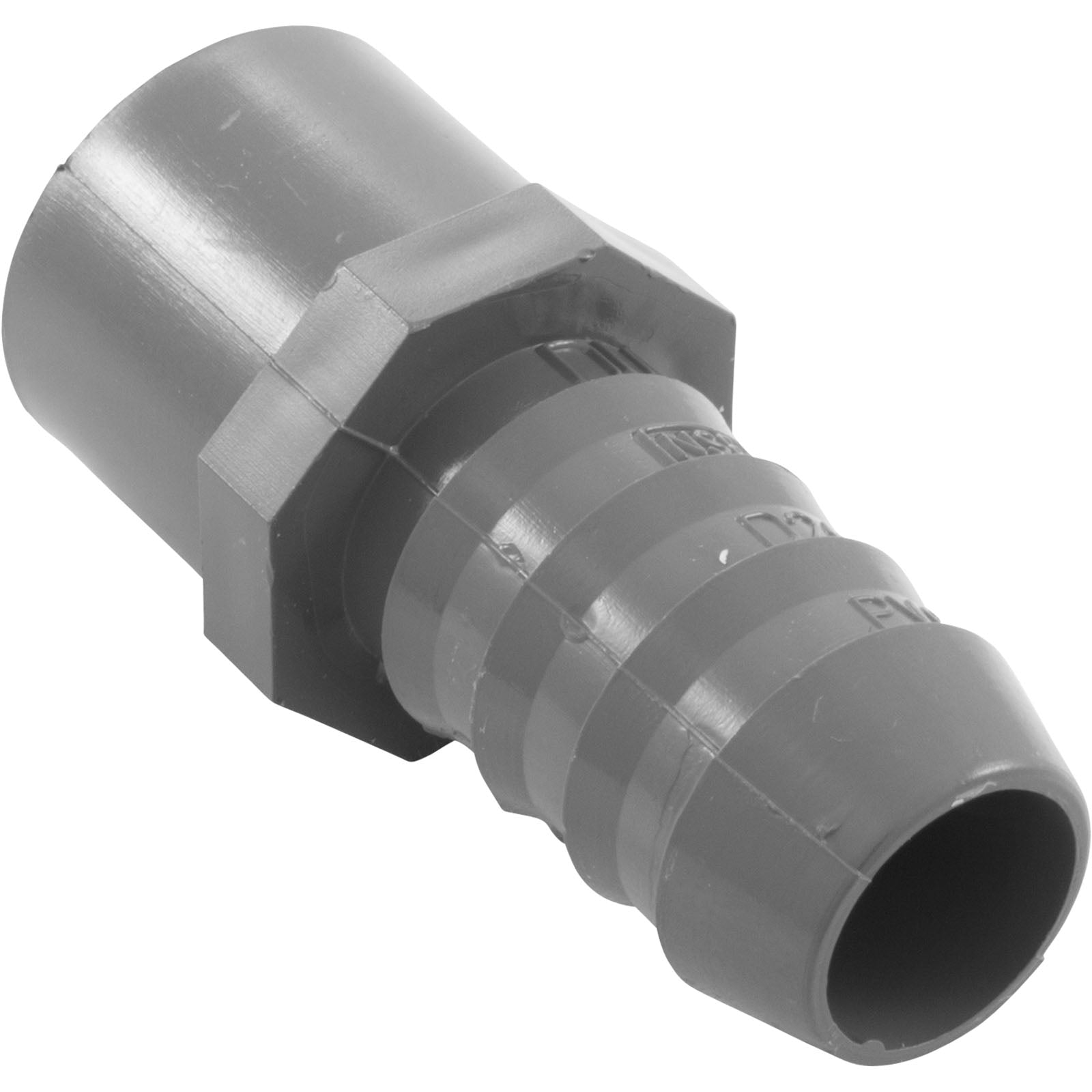 PVC Fitting, Adapter, 1/2" Slip x 3/4" Barb x 3/4" Spigot (1432-007)