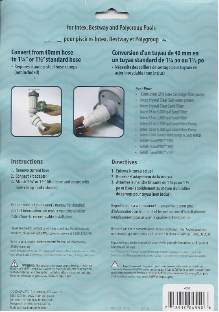 GAME Filter Hose Conversion Kit, 40MM to 1 1/4" or 1 1/2" (4550)